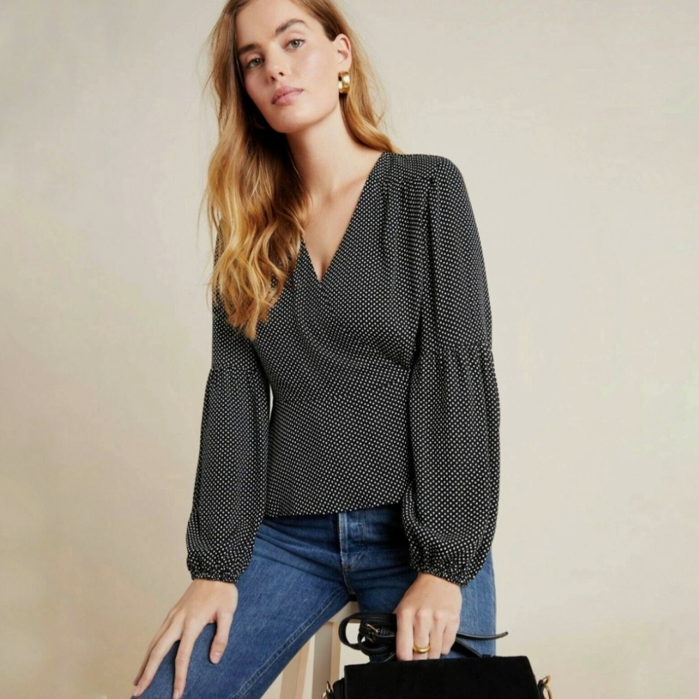 Maeve Ingrid Polka Dot Wrap Blouse Black, Size 00